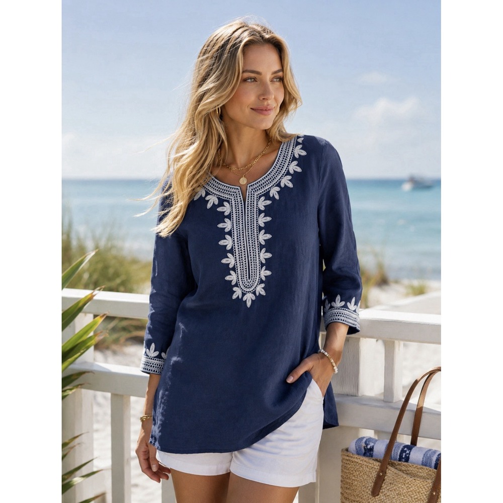 Saks Fifth Avenue 100% Linen Embroidered Tunic Top Women's S Blue Boho Coastal